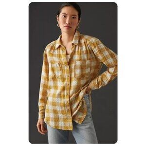 Anthropologie Pilcro Relaxed Mustard Plaid Stitched Long Sleeve Button Down